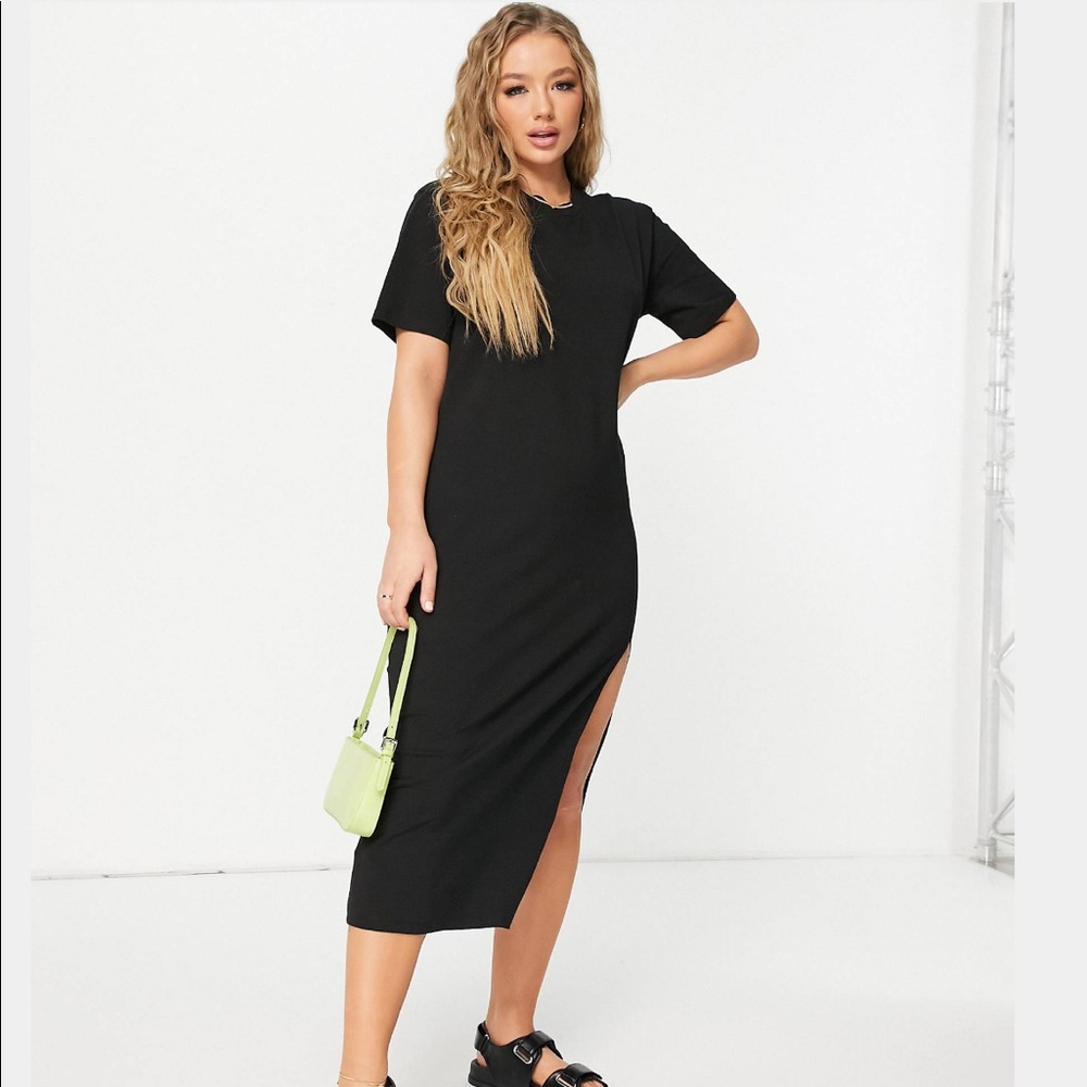 NA-KD Side Split Cotton Knit Short Sleeve T-Shirt Midi Dress in black